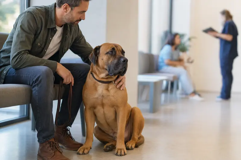 Ein Boerboel sitzt ruhig neben seinem Besitzer im hellen Wartezimmer einer modernen Tierarztpraxis.
